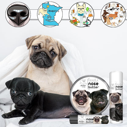 The Blissful Dog Pug Duo Nose Butter for Dry, Cracked Skin, Lick-Safe Dog Nose Balm with Moisturizing Shea Butter, Almond, Olive, and Essential Oils, Pet Supplies, Uncented, 1 oz.