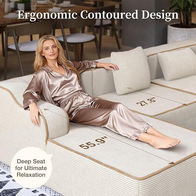 SUNSHINE VALLEY Cloud Sectional Couch for Living Room, 104'' L-Shaped Modular Sofa with Chaise, Modern Corduroy Boneless Couch with Deep Seat, No Assembly Required, Beige