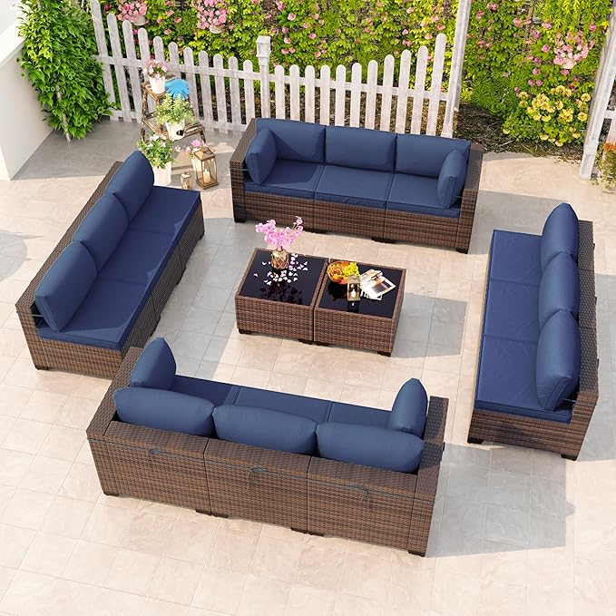 Kullavik 14 Pieces Outdoor Patio Furniture Set,Sectional Rattan Sofa Set Brown PE Rattan Wicker Patio Conversation Set with Tempered Glass Coffee Tables and Washable Cushions Covers,Navy Blue