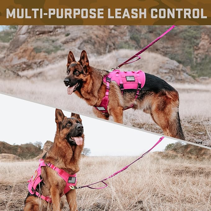 Forestpaw Pink Tactical Dog Harness Tactical Dog Collar with Bungee Leash Set,No Pull Military Dog Harness for Walking Training,Adjustable for Medium Dogs,Chest 17-25"