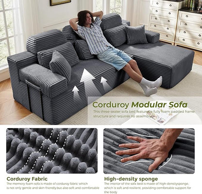 104" L-Shaped Cloud Modular Sectional Sofa with Chaise & Headrest, Boneless Deep Seat Plush Corduroy Couches for Large Living Room, No Assembly Required (Dark Gray, 104" L-shapred Chaise)