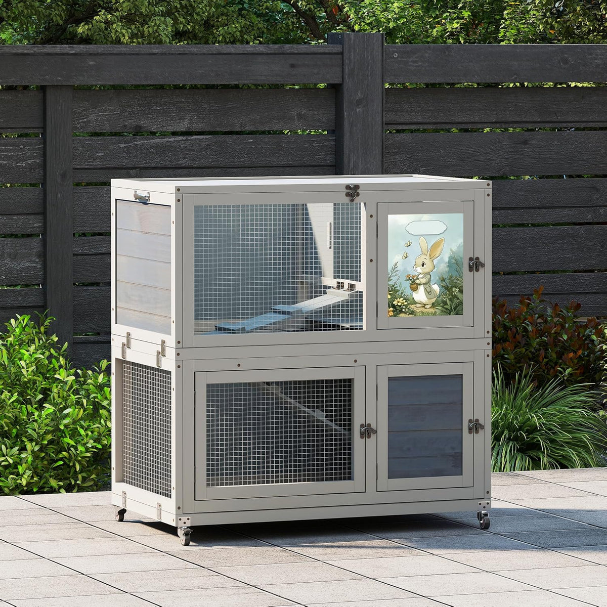 2-Story Wooden Rabbit Hutch for Outdoor & Indoor, Bunny Cage Rabbit House with Wheels, Trays, Ramp, Pet Home for Guinea Pigs, Chickens, Chicken Coop, Gray with Colorful Patterns