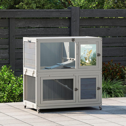 2-Story Wooden Rabbit Hutch for Outdoor & Indoor, Bunny Cage Rabbit House with Wheels, Trays, Ramp, Pet Home for Guinea Pigs, Chickens, Chicken Coop, Gray with Colorful Patterns