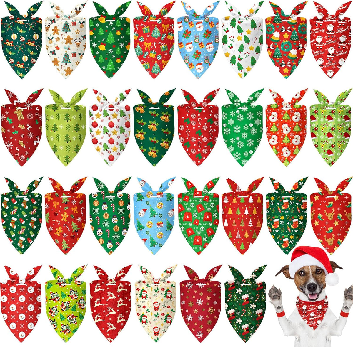 Chunful 30 Pcs Christmas Bandanas for Dogs Xmas Bandanas Bulk with Santa Snowflake Candy Cane Patterns Soft Bibs Adjustable Triangle Doggie Scarf for Small Medium Large Pet 25.6 x 17.7 x 17.7 Inch