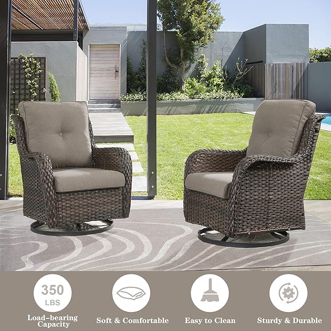 Belord 5 Piece Outdoor Patio Furniture Set - Wicker Furniture Patio Conversation Set, Outdoor Swivel Rocker Chairs with 3-Seater Sofa and 2 Ottomans for Small Space, Gray Cushion