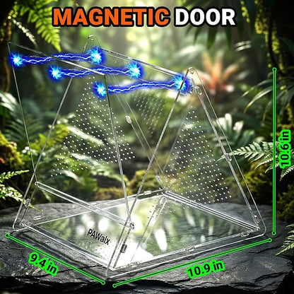 Triangular Jumping Spider Enclosure, Acrylic Terrarium with Magnetic Doors, 0.8mm Micro-Ventilation& Escape-Proof Design for Tarantulas, Lizards, Small Pets, 9.4"x10.9"x10.6"