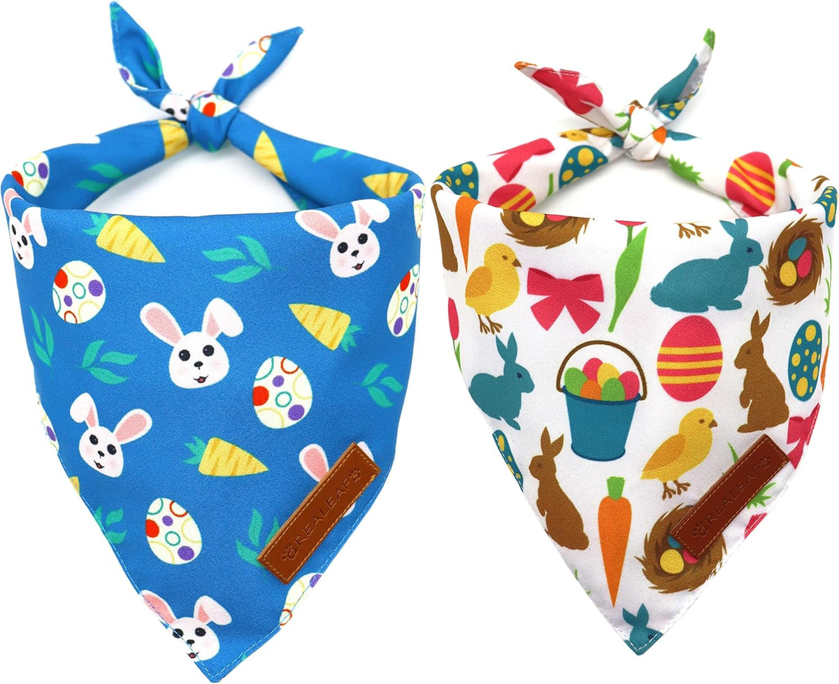 Realeaf Easter Dog Bandanas 2 Pack, Reversible Bunny Carrot and Easter Eggs Pet Scarf for Boy and Girl, Premium Durable Fabric, Holiday Bandana for Large and X-Large Dogs (X-Large)