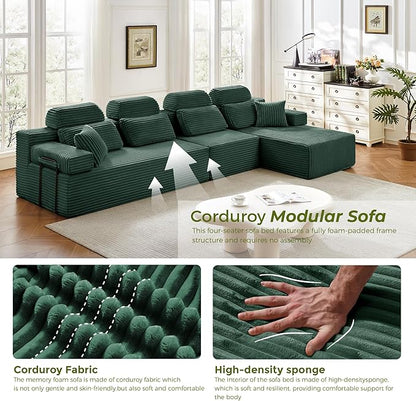 136" L-Shaped Cloud Modular Sectional Sofa with Chaise & Headrest, Boneless Deep Seat Plush Corduroy Couches for Large Living Room, No Assembly Required (Green, 136" L-shapred Chaise)