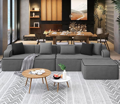 SUNSHINE VALLEY L Shaped Boneless Modular Cloud Couch, 133.5'' Oversized Corduroy Sectional Sofa for Living Room, 5-Seat Upholstered Modern Couch with Deep Seat, No Assembly Required, Grey
