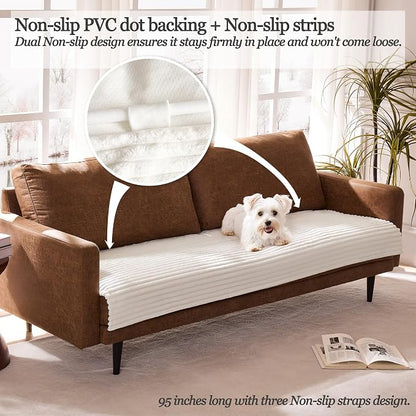 Dual Non-Slip Couch Cover for Dogs Waterproof, Cream Fuzzy Soft Pet Couch Covers for Sofa 3 Cushion, Pet Friendly Soft Dog Bed Covers Sofa Cover Washable (White, 33" x 75" 1 Pack)