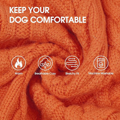 IECOii Girl Dog Sweater Dress - Cable Knit Dog Sweater for Small Dogs Girl - Orange, Medium, Turtleneck Pullover Sweaters with Tartan Plaid Skirt, Adorable Warm Dog Knitted Dress for Christmas