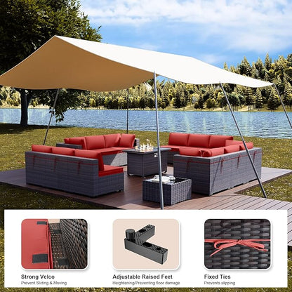 Kullavik 15 Pieces Outdoor Patio Furniture Set with 43" Gas Propane Fire Pit Table PE Wicker Rattan Sectional Sofa Patio Conversation Sets,Red Cushions