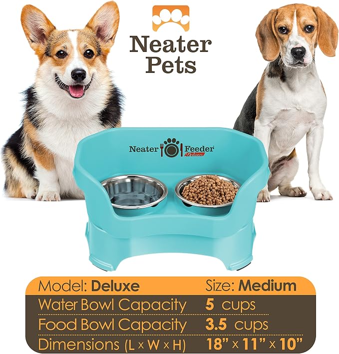 Neater Pet Brands Neater Feeder Deluxe Mess Proof Dog Bowls Elevated for Medium Dogs 19-40 lbs, Made in USA, No Spill Raised Dog Food Bowl Stand Feeding Station, Food and Water Bowl Set, Aquamarine