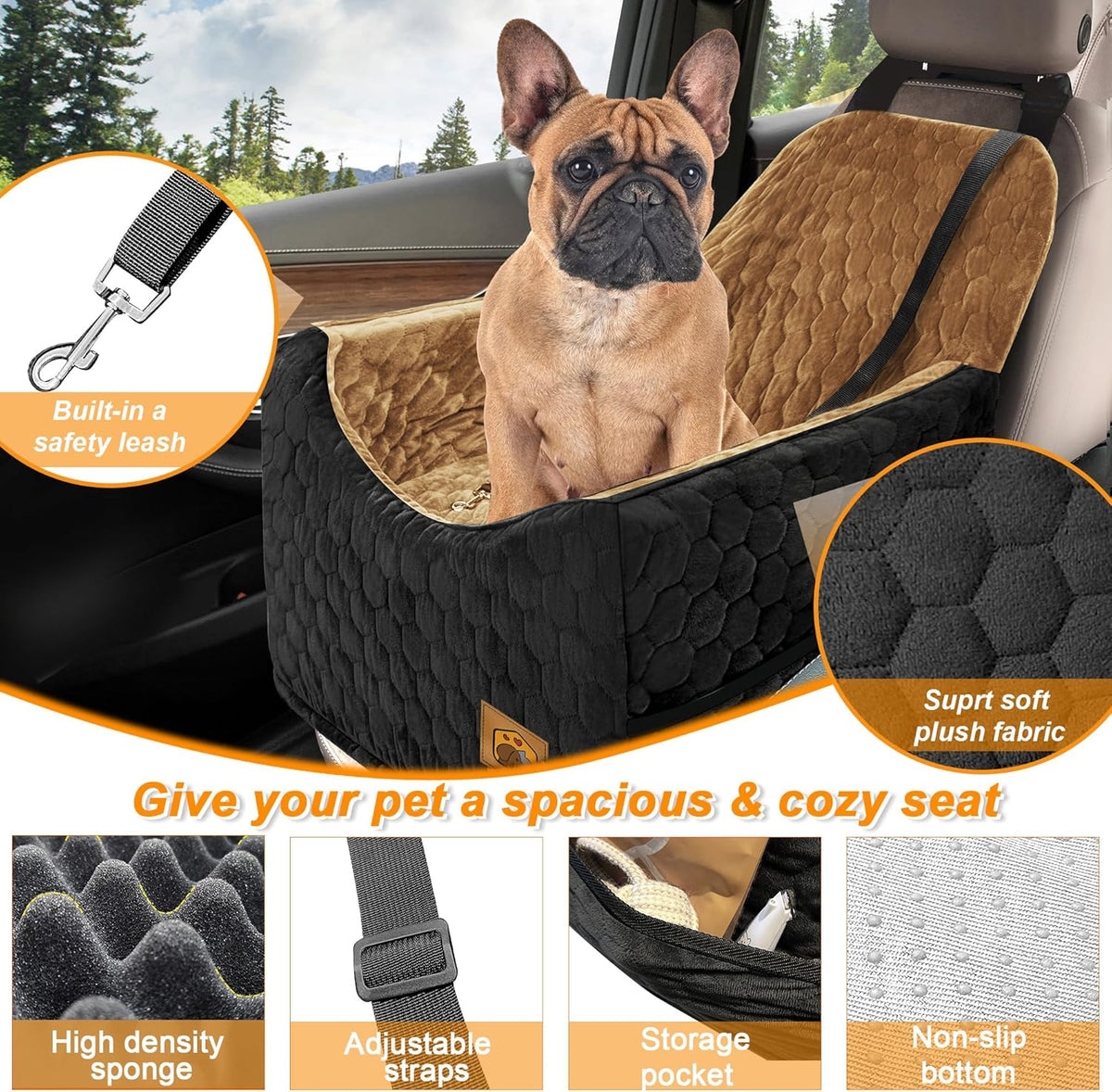 Dog Car Seat for Small/Medium Dogs, Memory Foam Dog Booster Seat, Travel Safety Per Car Seat with Washable Removable Cover, Storage Pockets for Dogs up to 35 lbs(BlackBrown)