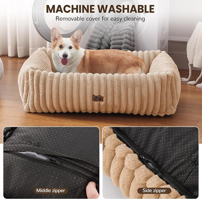 Dog Bed Medium Size Dog, Rectangle Orthopedic Pet Bed for Car and Indoor, Comfort Fluffy Memory Foam Dog Beds with Anti-Slip Bottom, Camel(30x24x8inchs)