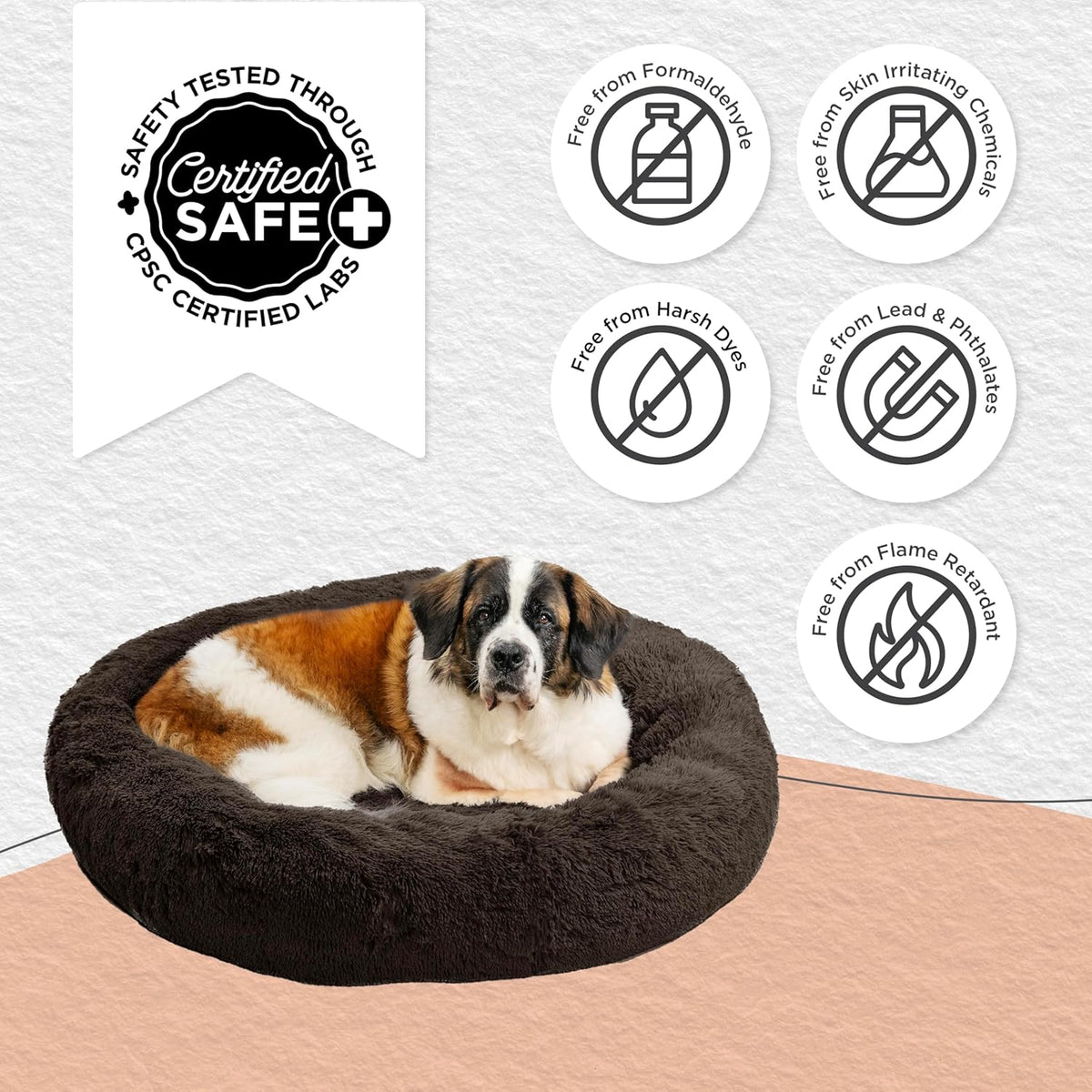 Best Friends by Sheri Original Calming Donut Dog and Cat Bed, Shag Faux Fur, Dark Brown, XL (45in x 45in) - Anxiety Relief for Pets Up to 150 lbs