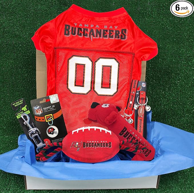 Tampa Bay Buccaneers PET GIFT BOX with 2 Licensed DOG TOYS, 1 Logo-engraved NATURAL DOG TREAT, 1 NFL JERSEY, 1 Puppy Training Bells & 1 Car Seatbelt