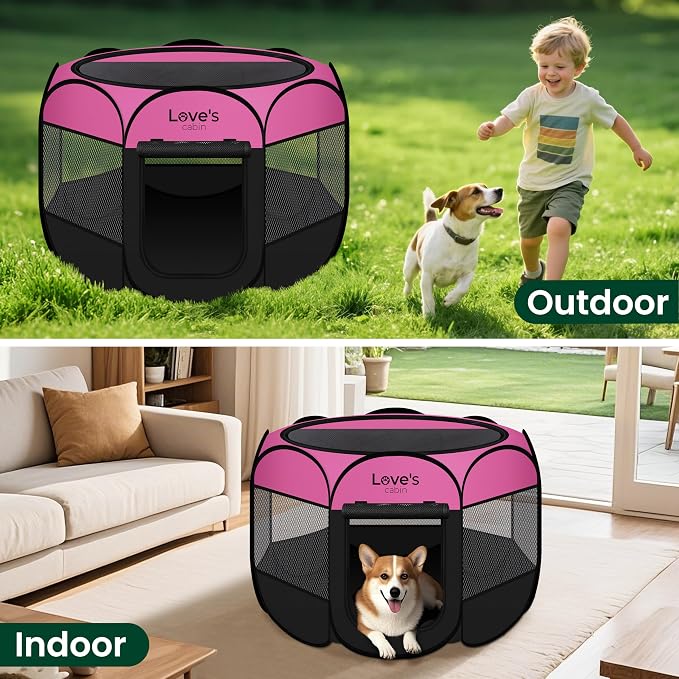Love's cabin Pet Puppy Dog Playpen, Small Dog Tent Crates Cage Indoor/Outdoor, Portable Playpen for Cat, Foldable Pop Up Dog Kennel Playpen with Carring Case, Removable Zipper Top, Pink
