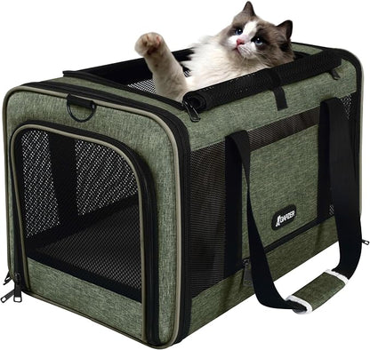 GAPZER Medium Cat Carrier Bag Lightweight, Soft-Sided Small Pet Carry Crate | 18 x 11 x 11 Light Weight Yorkie Kennel up to 15 lbs for Indoor House, Top Entry Bunny Canvas Bag Vet Visit Easy Clean Olive