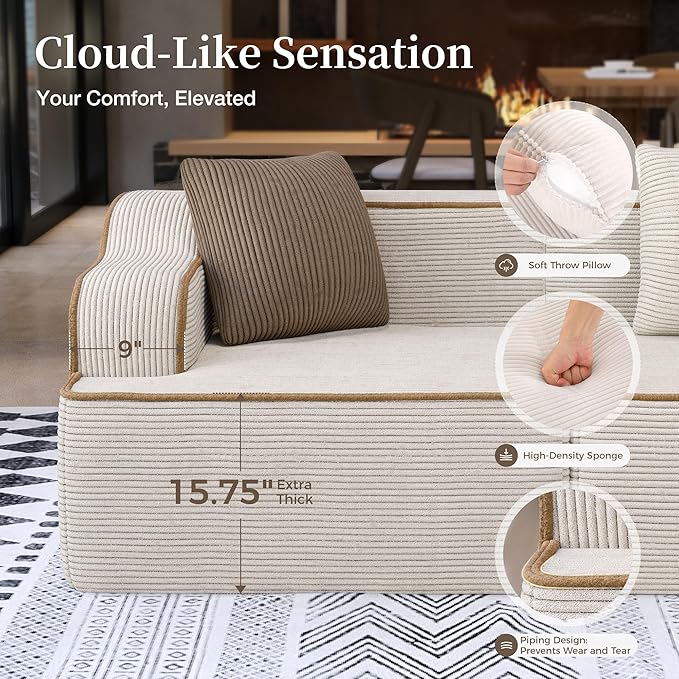 SUNSHINE VALLEY L Shaped Boneless Modular Cloud Couch, 133.5'' Oversized Corduroy Sectional Sofa for Living Room, 5-Seat Upholstered Modern Couch with Deep Seat, No Assembly Required, Beige