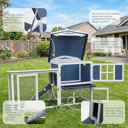 Large Outdoor Rabbit Hutch with Waterproof Asphalt Roof, 54.7” x 24.2” x 34” Wooden Bunny Cage for 2 Rabbits, Guinea Pigs & Chickens, Easy-Clean Pull-Out Tray & Anti-Rust Metal Door