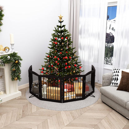 Freestanding Pet Gate for Dogs, Foldable Wooden Dog Gate for House, Extra Wide Indoor Pet Barrier for Stair, Doorway, Hall, Support Feet Included, 120 Inch Wide, 6 Panels 24", Brown