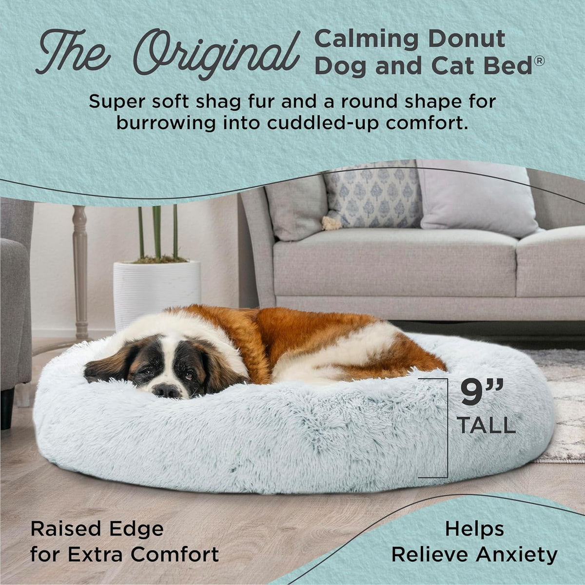 Best Friends by Sheri Original Calming Donut Dog and Cat Bed, Shag Faux Fur, Frost Gray, XL (45in x 45in) - Anxiety Relief for Pets Up to 150 lbs