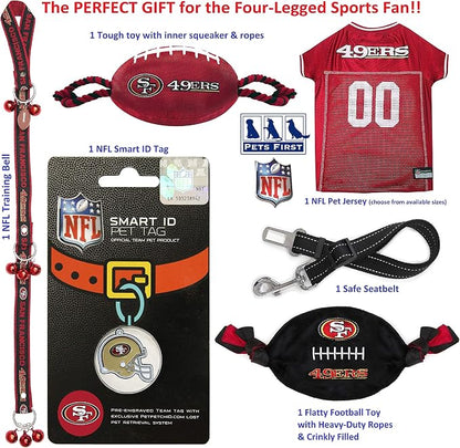 NFL San Francisco 49Ers PET GIFT BOX with 2 Licensed DOG TOYS, 1 Logo-engraved NATURAL DOG TREAT, 1 NFL JERSEY, 1 NFL Puppy Training Bells & 1 Car Seatbelt