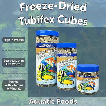 Aquatic Foods Inc. Tubifex Worms, Freeze Dried Tubifex Worm Cubes for Cichlids, Discus, Bettas, Marine Fish, Goldfish, Tropical Fish, 4-Type Wafer Mix & 12-Type Pellet Mix Included..1.80oz Canister
