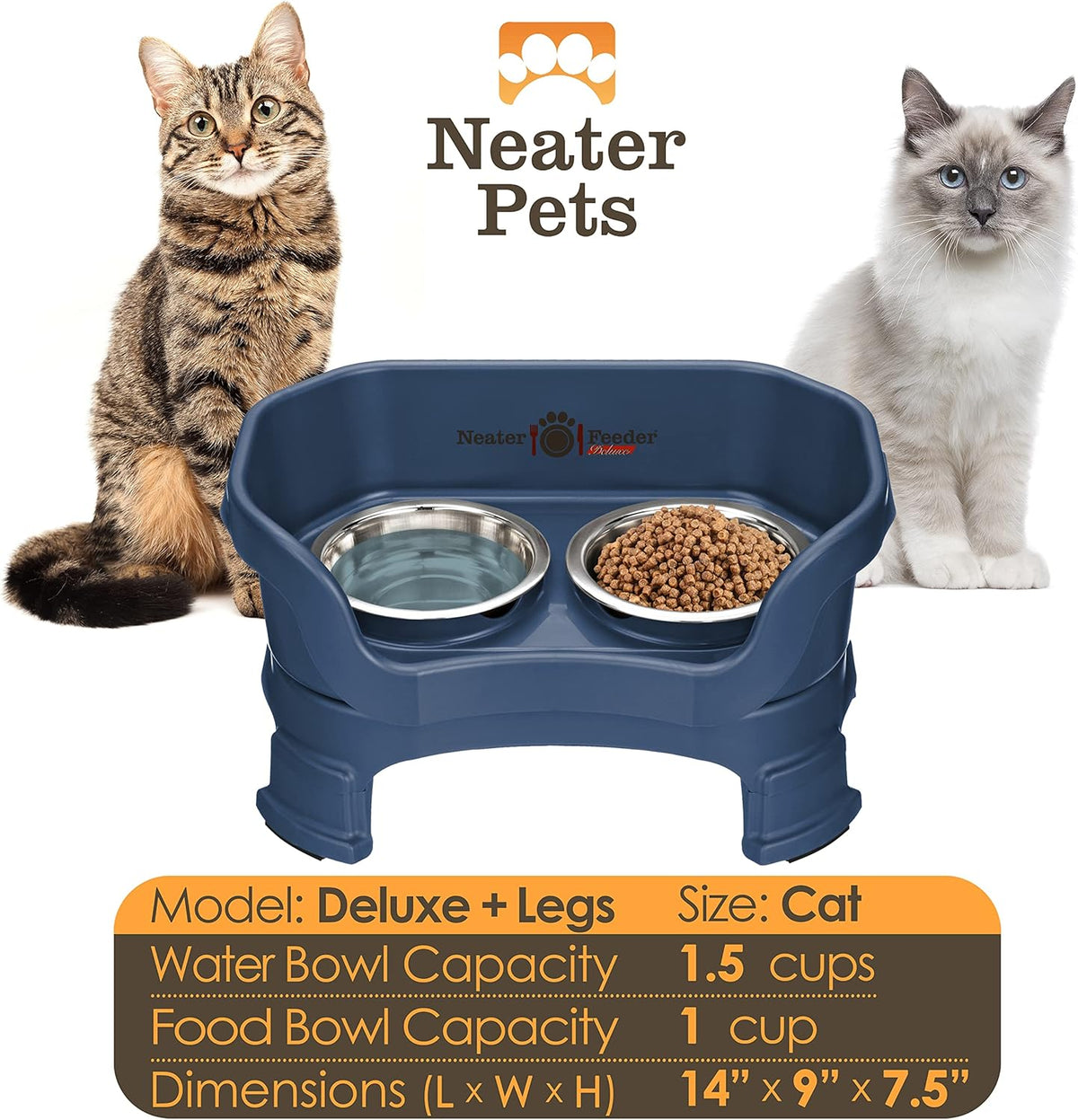 Neater Feeder Deluxe Mess Proof Cat Bowls Elevated for All Breeds – Made in USA – No Spill Raised Cat Bowls for Indoor Cats w/Leg Extensions – Stainless Steel Cat Food and Water Bowl Set - Dark Blue