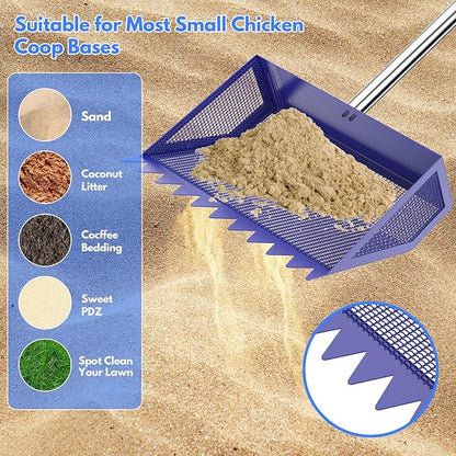 Chicken Poop Scooper & Rake 2-in-1, 304 Stainless Steel Shovel Head, Chicken Litter Scoop with Handle for Chicken Coop & Pet Waste Cleaning, Litter Sifting Shovel (35 to 65") US Patent Pending
