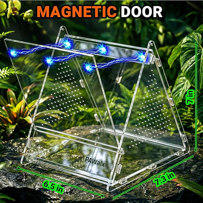 Triangular Jumping Spider Enclosure, Acrylic Terrarium with Magnetic Doors, 0.8mm Micro-Ventilation& Escape-Proof Design for Tarantulas, Lizards, Small Pets, 6.5"x7.3"x7"