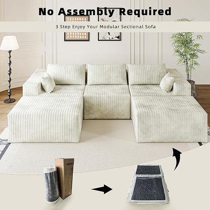 CABZOON 110" Cloud Couch Sectional for Living Room U-Shape Boneless Couches Modular Sectional Sofa with Deep Seat with Chaise,No Assembly Required, Carbon White(Plush Corduroy Fabric)
