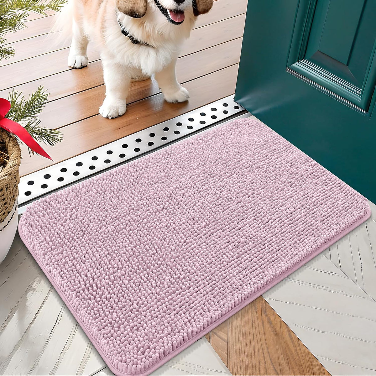 OLANLY Dog Door Mat for Muddy Paws 24x16, Absorbs Moisture and Dirt, Absorbent Non-Slip Washable Doormat, Quick Dry Chenille Mud Mat for Dogs, Entry Indoor Entryway Carpet for Inside Floor, Dusty Rose