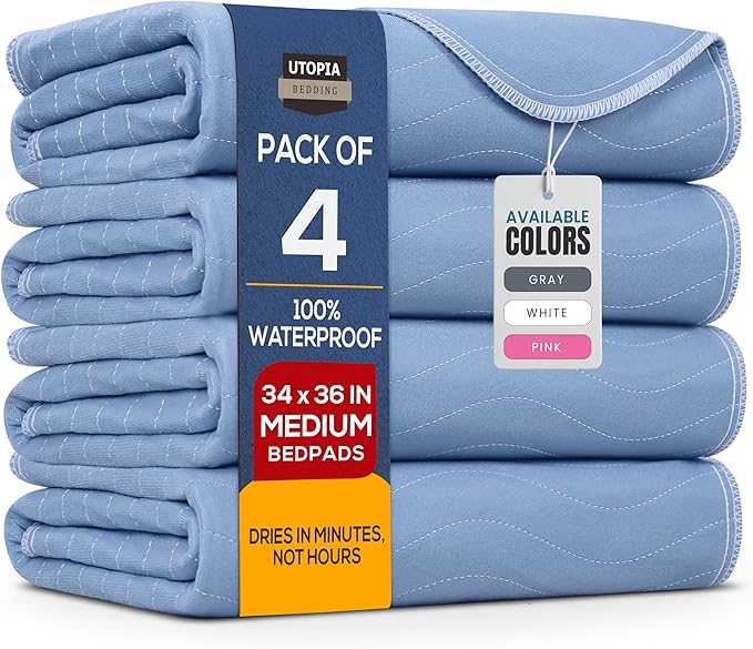 Utopia Bedding Washable Underpads 34" x 36" (Pack of 4), Waterproof Reusable Heavy Absorbency Incontinence Bed Pads for Adults, Kids, Elderly and Pets, Bedwetting Pads for Sofa and Couch (Blue)