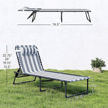 Outsunny Folding Chaise Lounge Chair, Patio Sun Tanning Chair, Outdoor Chaise Lounger with 4-Position Reclining Back, Breathable Mesh Seat for Beach, Poolside, Yard, Blue and White
