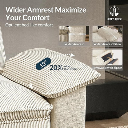 HERA'S HOUSE 124" Modular Sectional Sofa, Oversized L Shaped Couches for Living Room, Comfy Cloud Couch with Ottoman, 4-Seater Deep Seat Sofa with Throw Pillow, Corduroy and Chenille Beige
