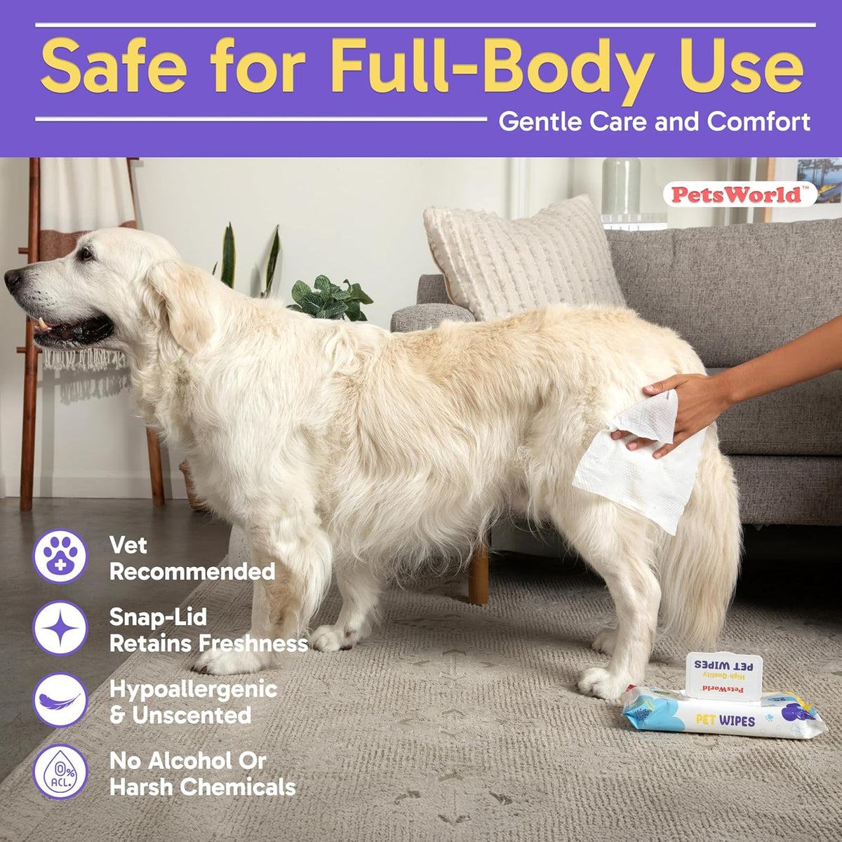 PETSWORLD Pet Wipes for Dogs & Cats, Unscented, Hypoallergenic, Chemical-Free, Biodegradable (98%), Thick & Durable, Textured Grooming Wipes (Unscented, 600 Count)
