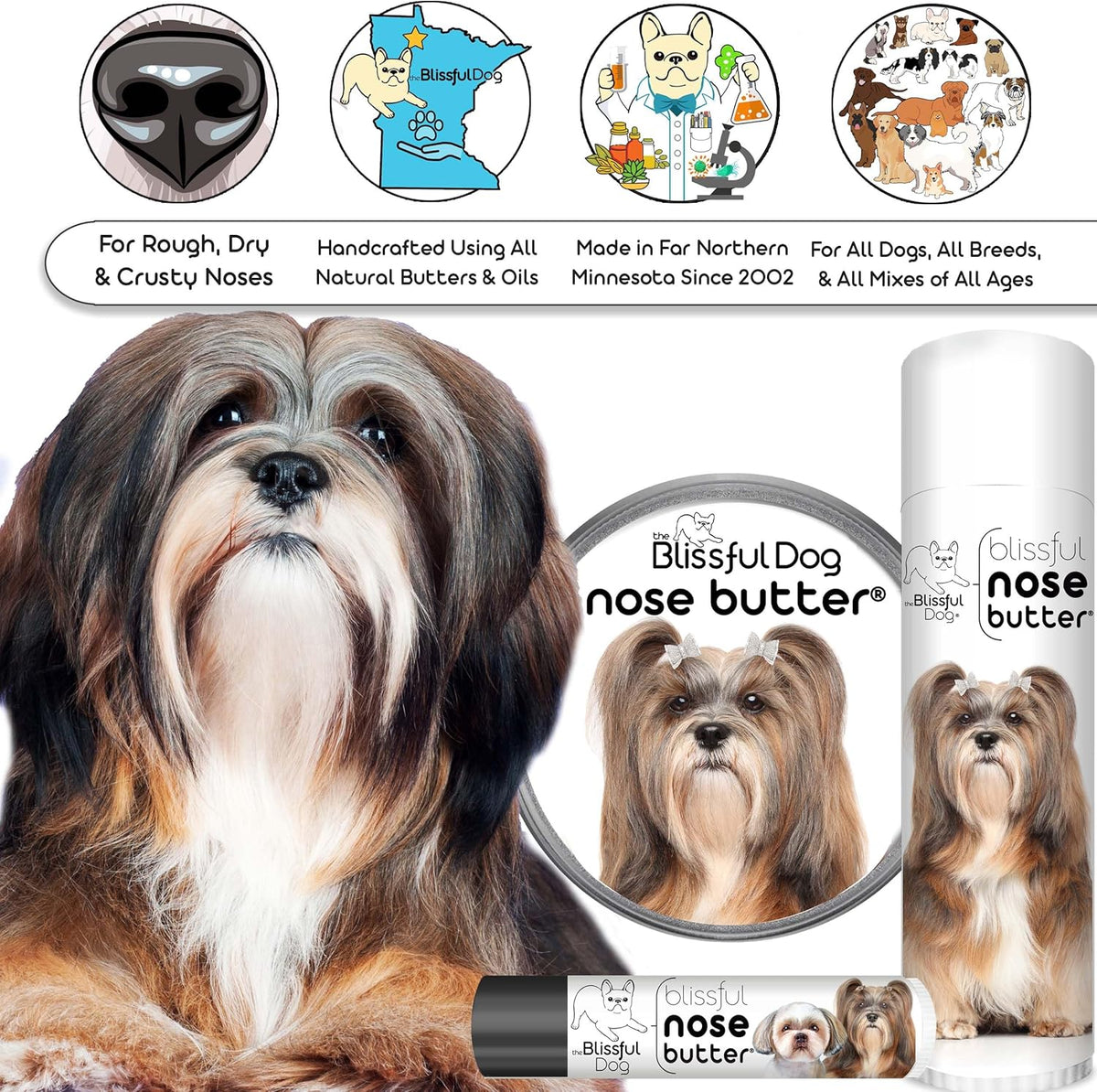 The Blissful Dog Lhasa Apso Nose Butter for Dry, Cracked Skin, Lick-Safe Dog Nose Balm with Moisturizing Shea Butter, Almond, Olive, and Essential Oils, Pet Supplies, Uncented, 4 oz.