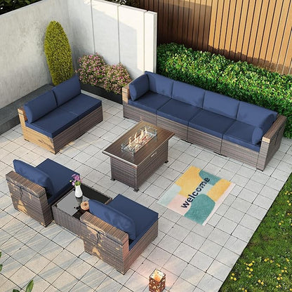 Kullavik 10 Pcs Outdoor Patio Furniture Set with 43" Gas Propane Fire Pit Table PE Wicker Rattan Sectional Sofa Patio Conversation Sets,Navy Blue