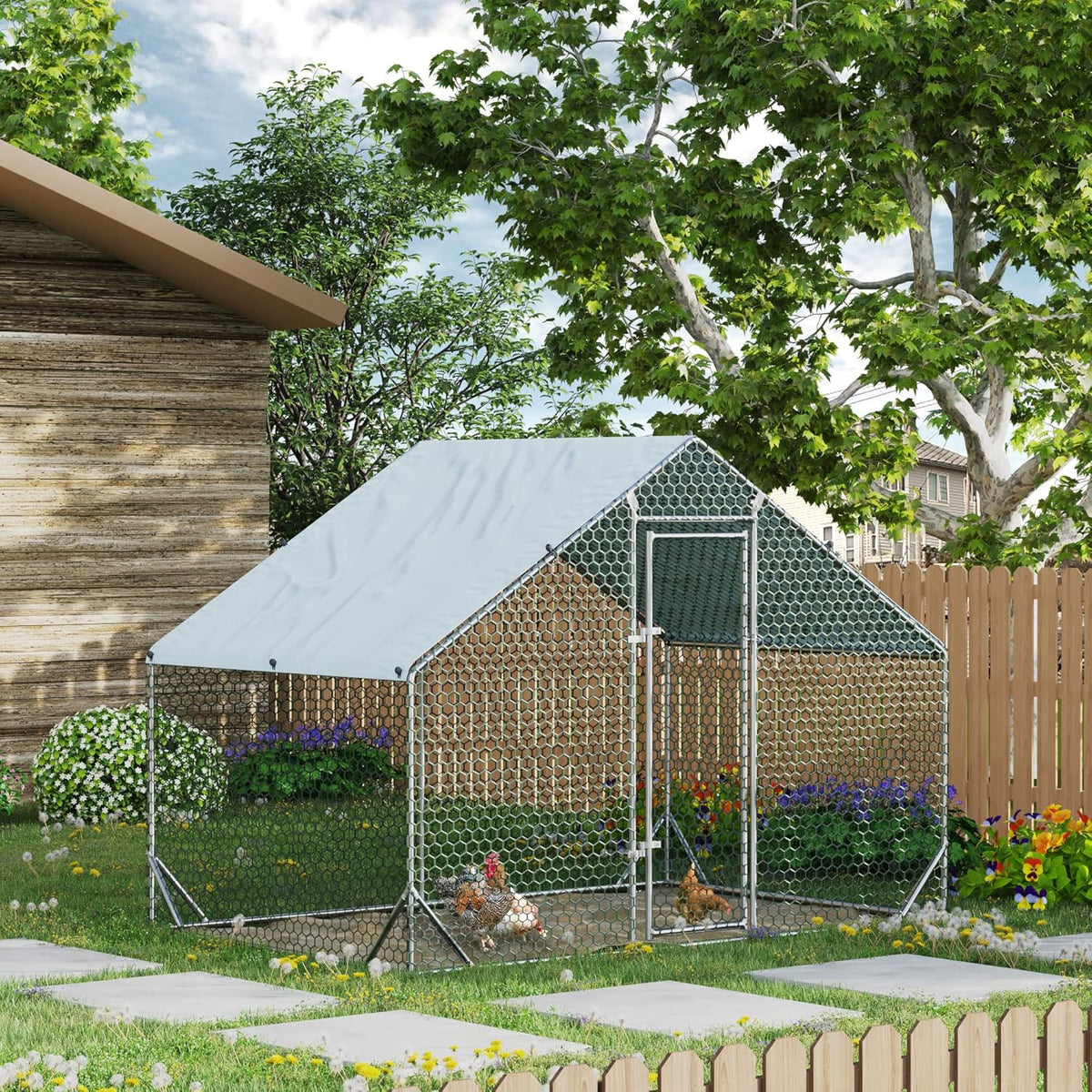4ever2buy Large Metal Chicken Coop with Run Walk-in Poultry Cage Chicken Runs House Pen Cage Spire Roofed Chicken Coops with Anti-Ultraviolet Cover for Outdoor Backyard Farm Use 9.8’L x 6.6’W x 6.4’H
