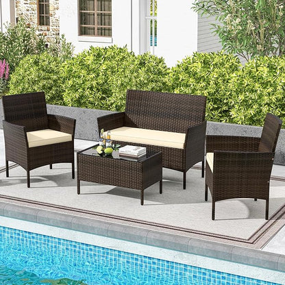 HAPPYGRILL 4 Pieces Outdoor Rattan Conversation Set, Patio Wicker Furniture Set with Loveseat Chairs & Tempered Glass Coffee Table, Outside Sectional Sofa Set for Backyard, Garden & Poolside