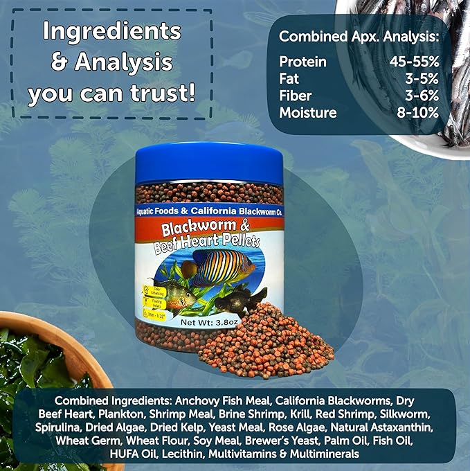 Aquatic Foods Inc. 1mm -1/32" California Blackworm & Beef Heart Floating Pellets for Marines, Cichlids, Tropical Fish, Koi & Pond Fish, 4-Type Wafer & 12-Type Pellet Mix Included 3.8oz Canister