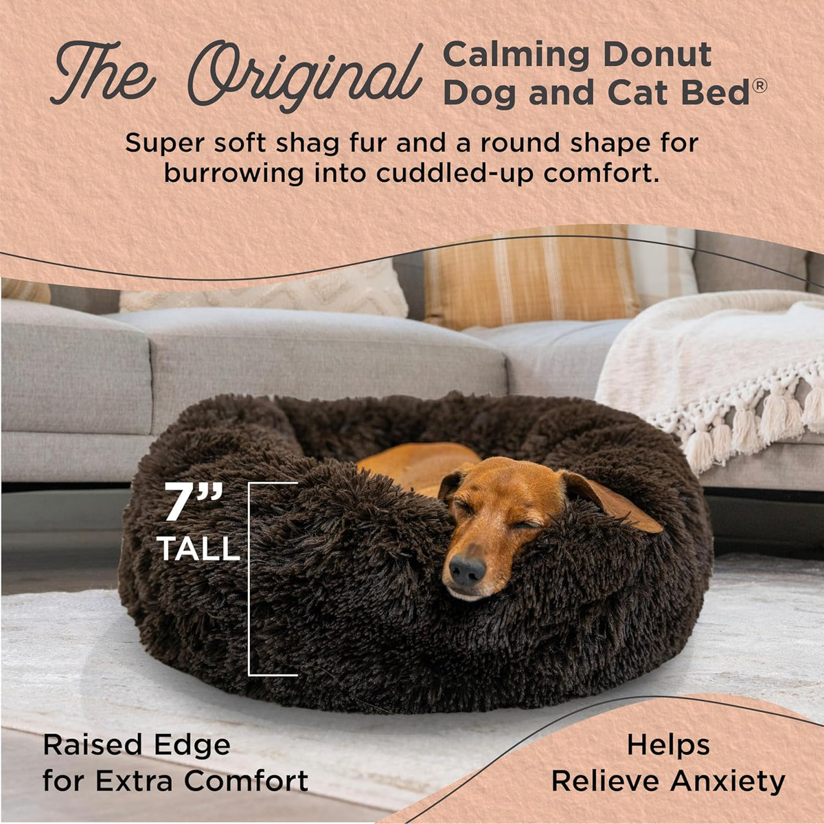 Best Friends by Sheri Original Calming Donut Dog and Cat Bed, Shag Faux Fur, Dark Brown, (23in x 23in) - Anxiety Relief for Pets Up to 25 lbs