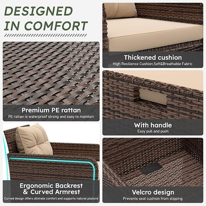 LHBcraft 5 Pieces Patio Set, PE Rattan Patio Conversation Set with Soft Cushions & Coffee Table, Outdoor Chairs with Hidden Ottoman for Porch, Lawn, Garden, Balcony, Brown