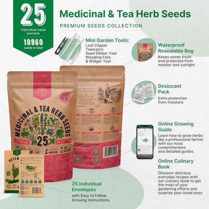 Organo Republic 25 Medicinal & Tea Herb Seeds Variety Pack for Indoor & Outdoors. 10900+ Non-GMO Heirloom Garden Seeds: Anise, Borage, Cilantro, Chamomile, Dandelion, Rosemary, Peppermint Seeds