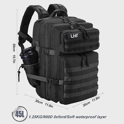 LHI Military Tactical Backpack for Men and Women 45L Army 3 Days Assault Pack Bag Large Rucksack with Shoe Compartment