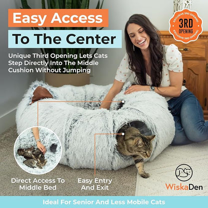 WiskaDen XL Plush Cat Tunnel Bed with Toy and Elderly Feline Access. 3-in-1 Light Grey Fluffy Donut Cushion with Ears. Circle Tube for Indoor Cats Leisure, Hiding Spot, Dog Bed, or Rabbit Cave