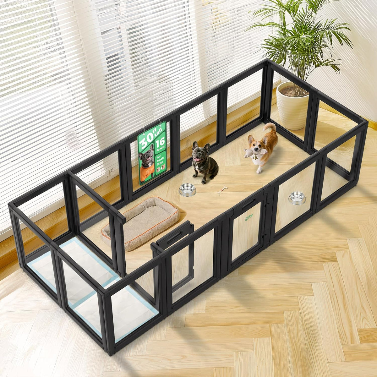 FXW AuraSpace Acrylic Indoor Unleashed Dog Playpen for Small and Medium Dogs, 30 Inch, 16 Panels, Black