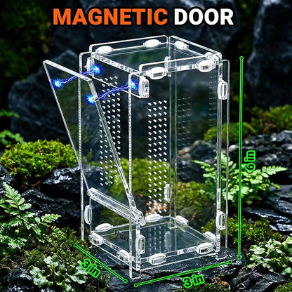 Jumping Spider Enclosure, Acrylic Terrarium with with Magnetic Doors, 0.8mm Micro-Ventilation, Stackable Escape-Proof Habitat for Jumping Spiders, Tarantulas & Small Reptiles, 3”x3”x6”